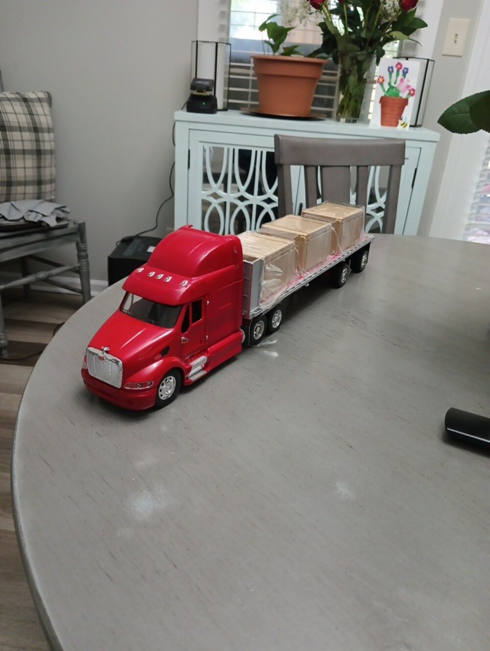 Red Toy Peterbilt Semi Truck with Flatbed Trailer Toy for Kids